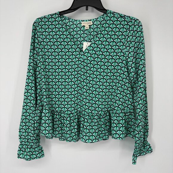 Maison Jules Women's Geometric Print Peplum Hem Blouse Feminine Fan Size L NWT - Picture 1 of 4